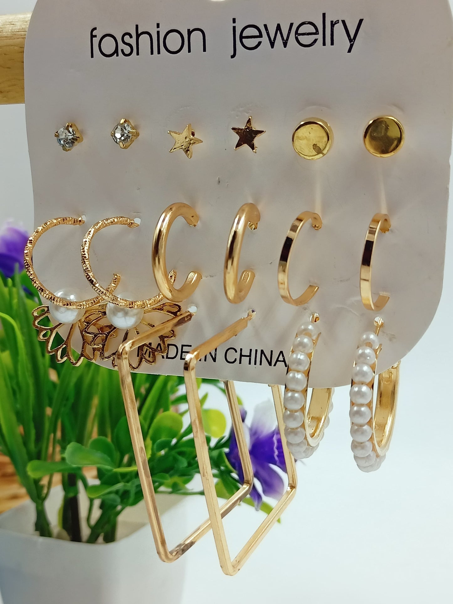 Classic Modern Elegant Gold Plated Floral and Crystal pearl studs and Hoop Earings Combo