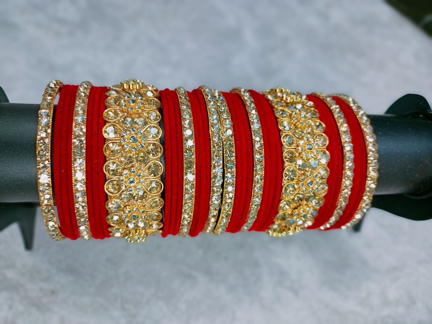Glamorous Gold & Crystal Accented pINK Velvet Bangle Stack