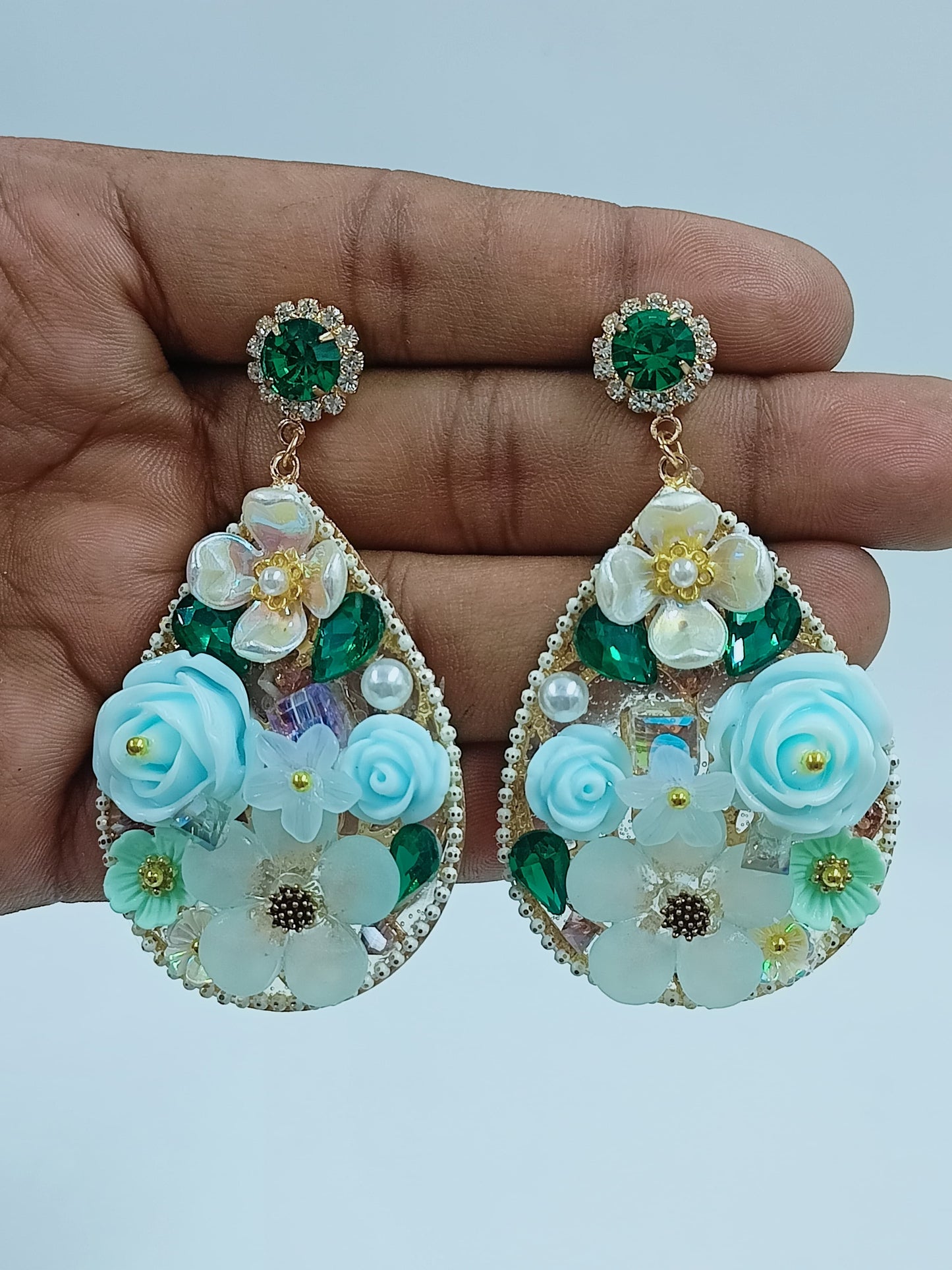 Elegant Floral Dangle Earrings with Blue and Green Accents OM COLLECTIONS
