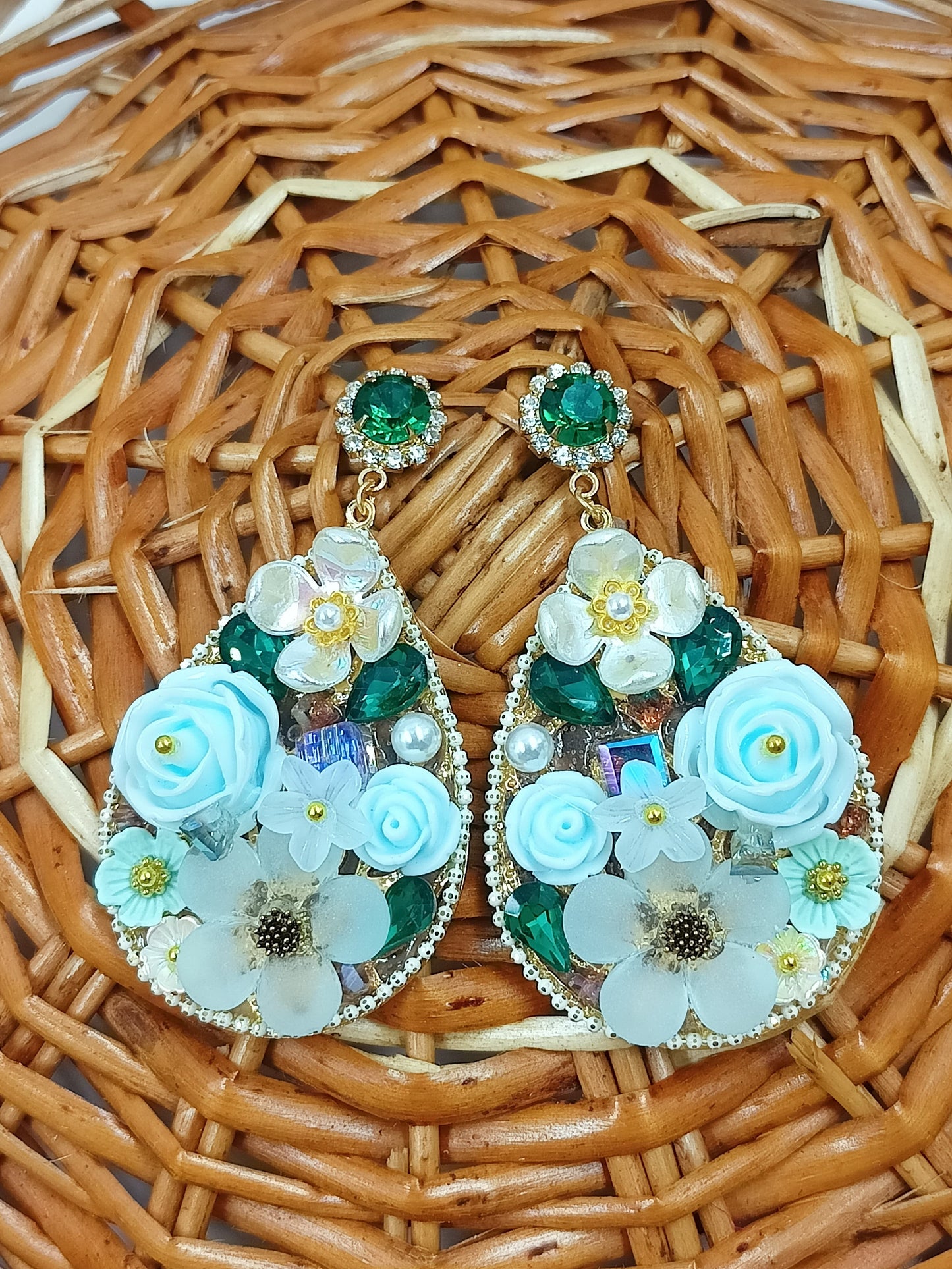 Elegant Floral Dangle Earrings with Blue and Green Accents OM COLLECTIONS