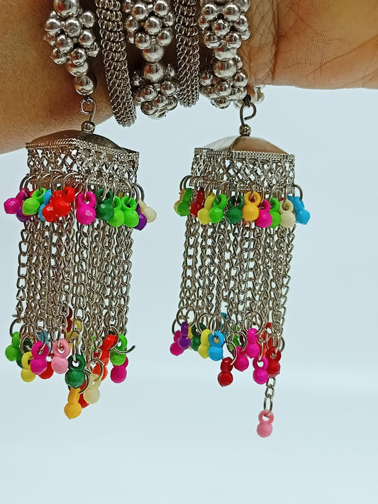Oxidized Silver Tone Tribal Bangle Set with Colorful Bead & Chain Jhumkis - Set of 2 LUXE JEWEL