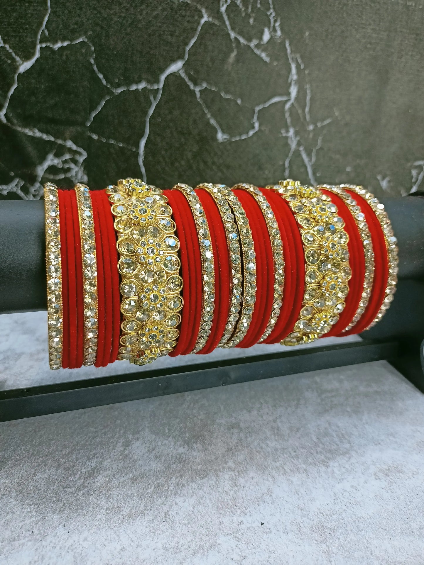 Glamorous Gold & Crystal Accented Red Velvet Bangle Stack LUXE JEWEL