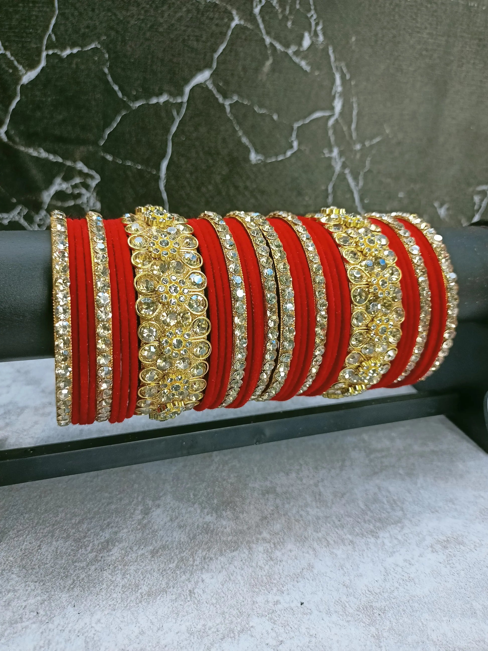 Glamorous Gold & Crystal Accented Red Velvet Bangle Stack LUXE JEWEL