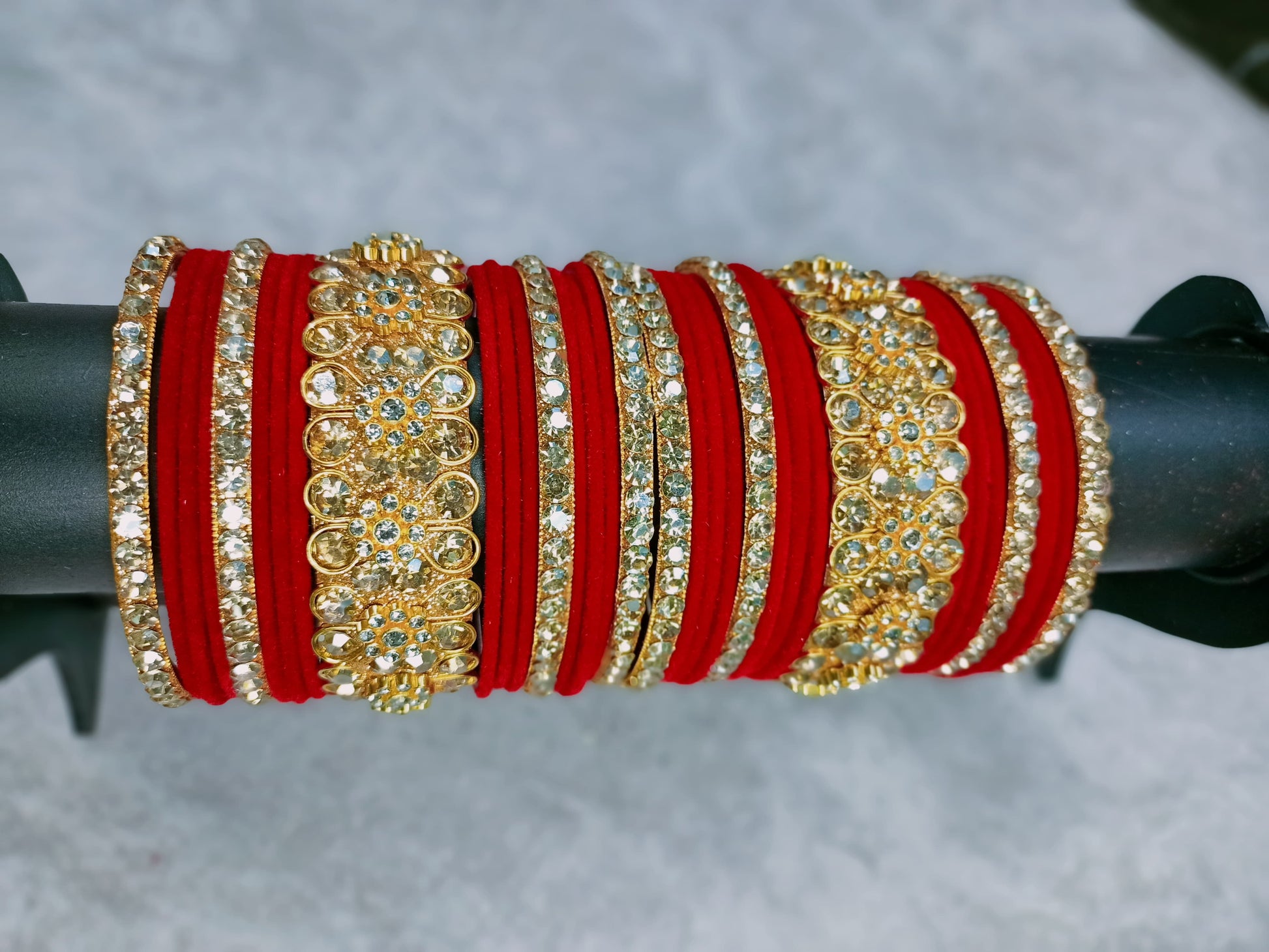Glamorous Gold & Crystal Accented pINK Velvet Bangle Stack