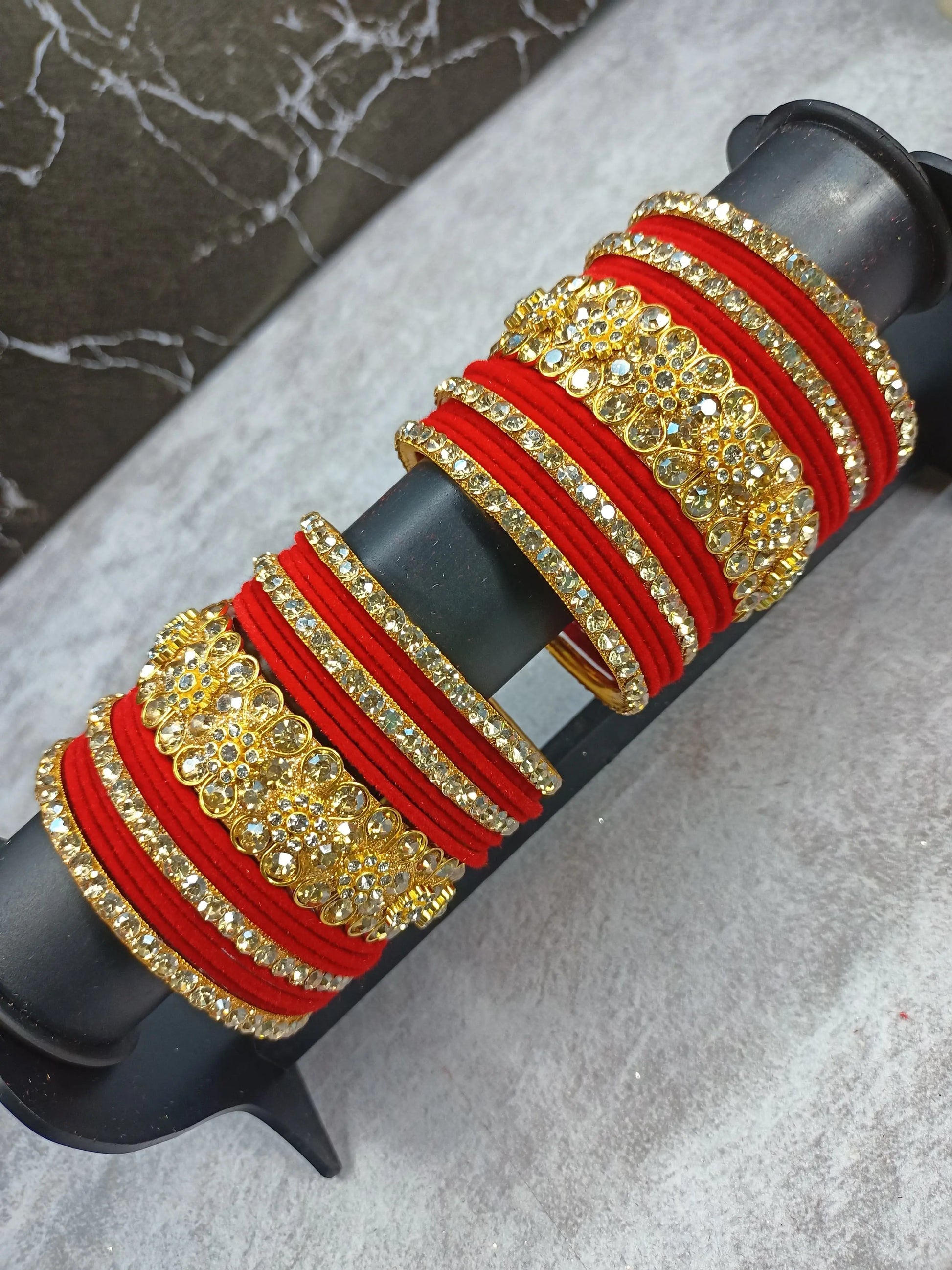 Glamorous Gold & Crystal Accented Red Velvet Bangle Stack LUXE JEWEL