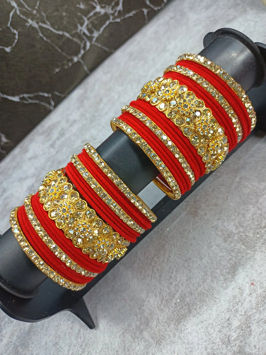 Glamorous Gold & Crystal Accented Red Velvet Bangle Stack LUXE JEWEL