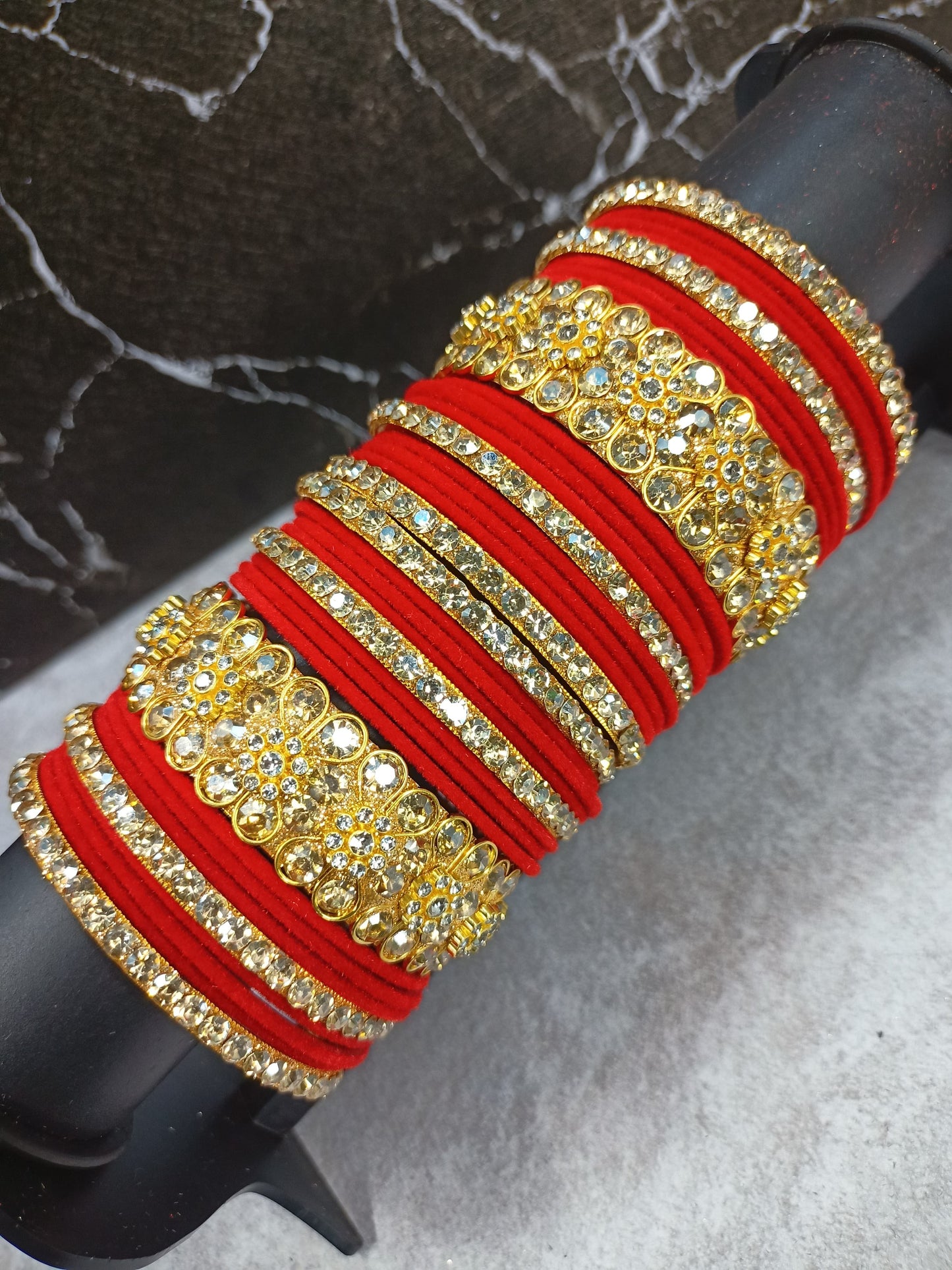 Glamorous Gold & Crystal Accented Red Velvet Bangle Stack LUXE JEWEL