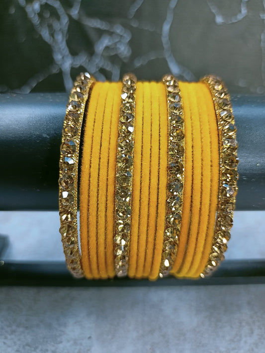 Radiant yellow Velvet & Crystal Accent Bangle Set - Traditional Indian Jewelry LUXE JEWEL