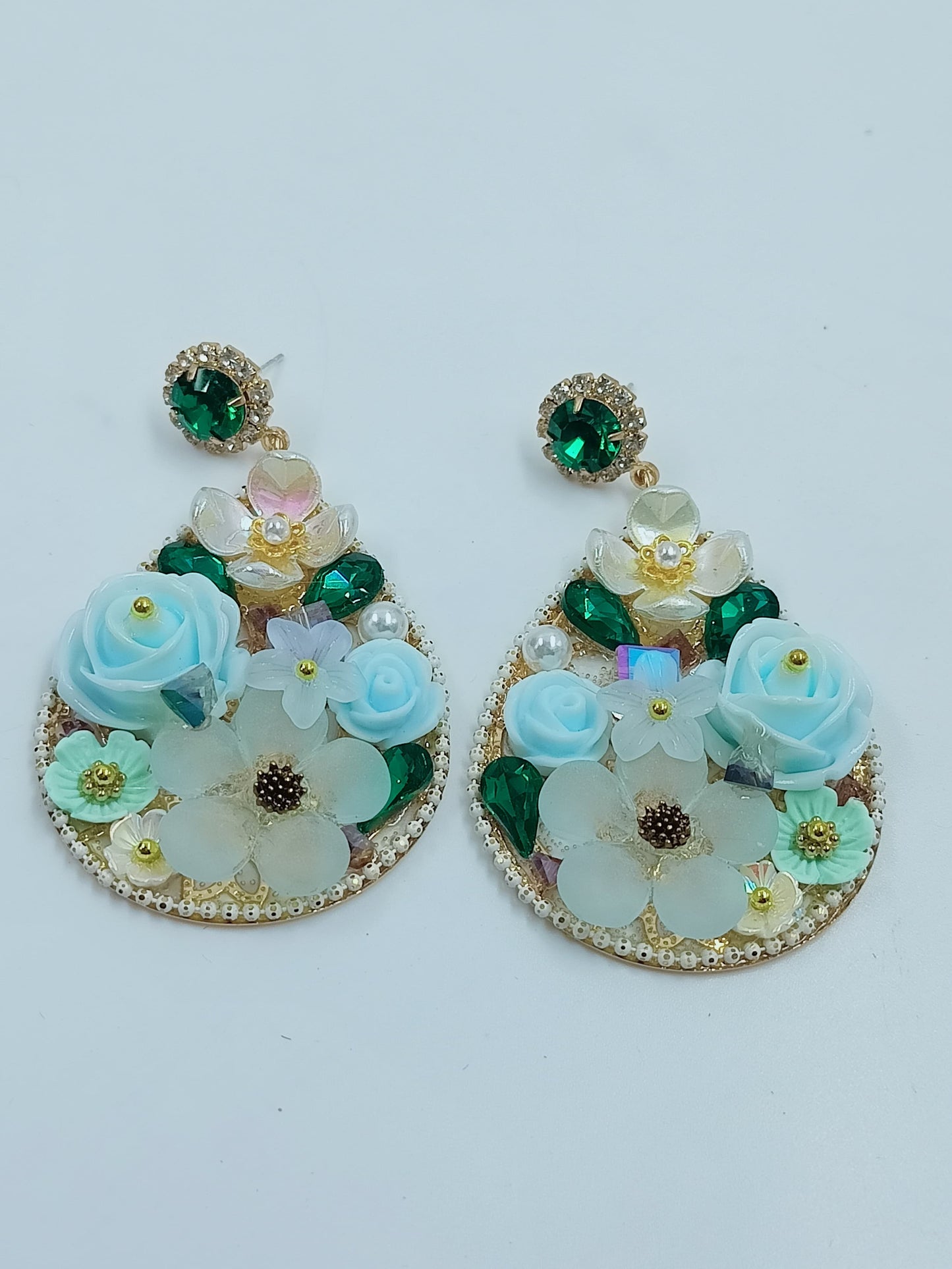 Elegant Floral Dangle Earrings with Blue and Green Accents OM COLLECTIONS