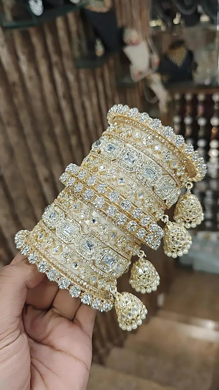 Gold Uncut Kundan american Diamond  Bangles Set ,  Golden Stone Indian Asian bangles with jhumki, Wedding bangles, Bridal bangles