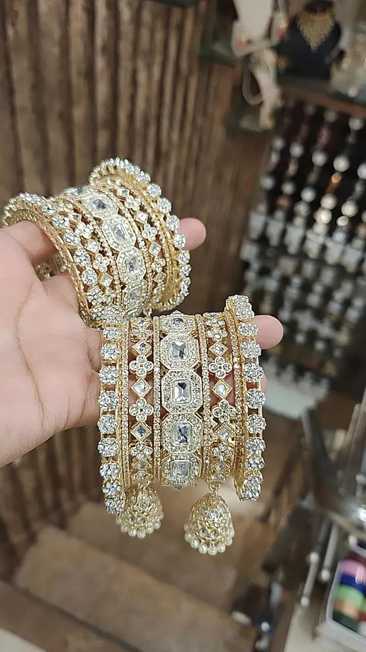 Gold Uncut Kundan american Diamond  Bangles Set ,  Golden Stone Indian Asian bangles with jhumki, Wedding bangles, Bridal bangles