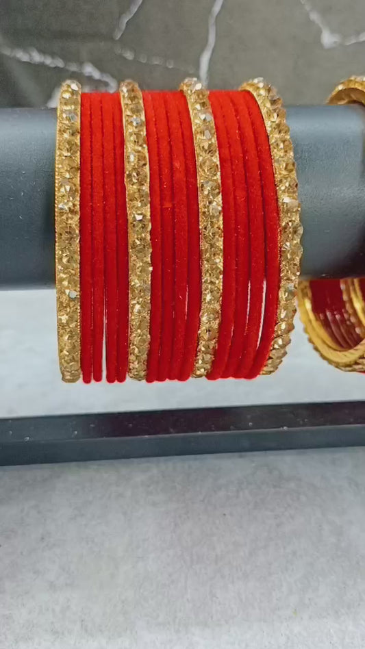 Radiant Red Velvet & Crystal Accent Bangle Set - Traditional Indian Jewelry